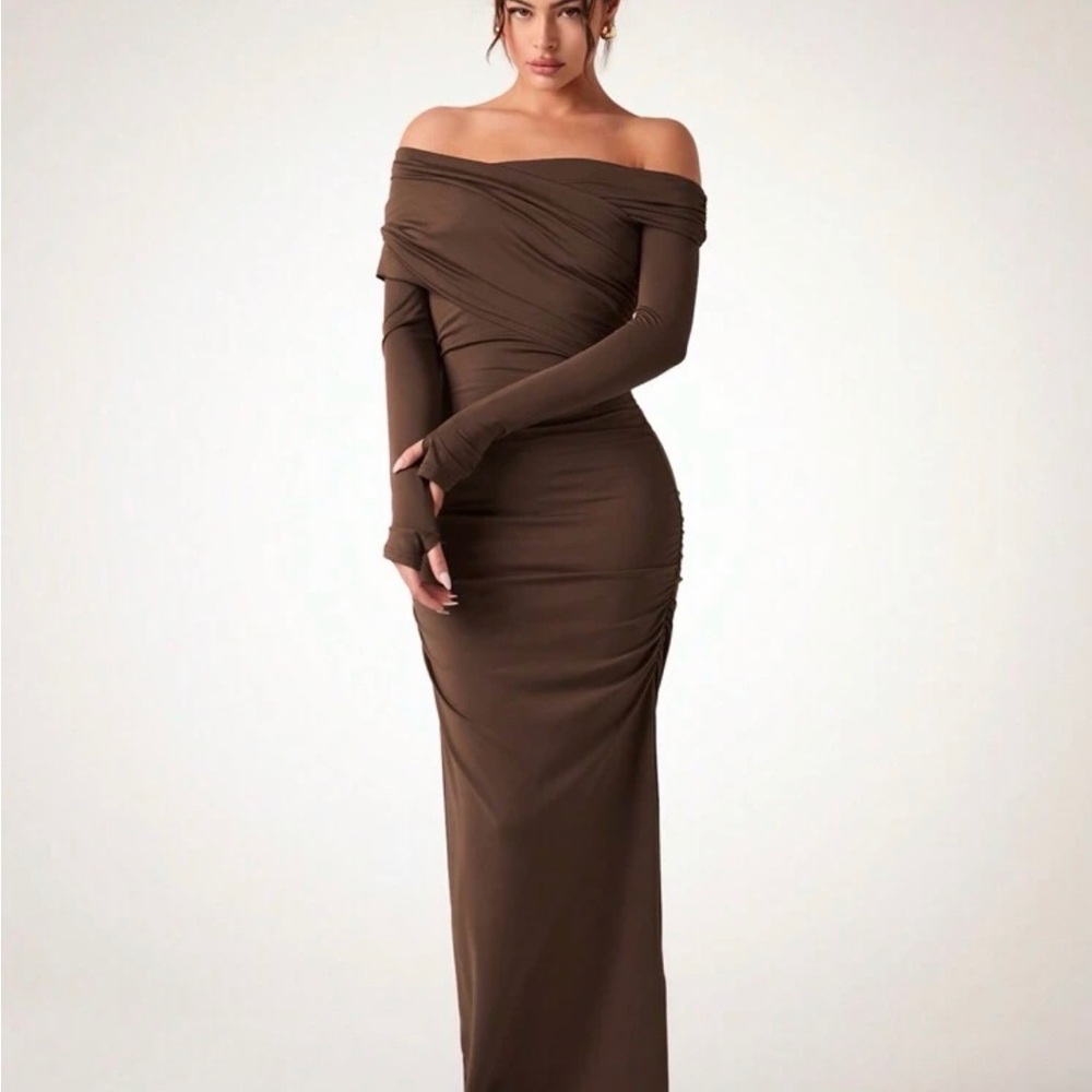 SHEIN Off-Shoulder Long Sleeve Brown Dress